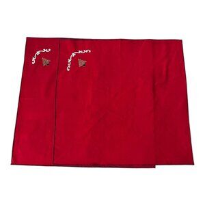 Vintage Set of 2 Red Embroidered Christmas Tree Cloth Napkins – 18" x 18" – Holi